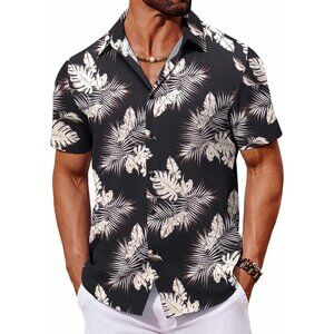 Men's Hawaiian Shirt Black Tropical Floral Print Short Sleeve Button Up Casual